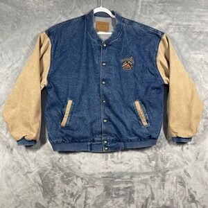 Vintage Three Rivers Denim Varsity Jacket Campfire Heat-N-Go USA Made 2XL READ